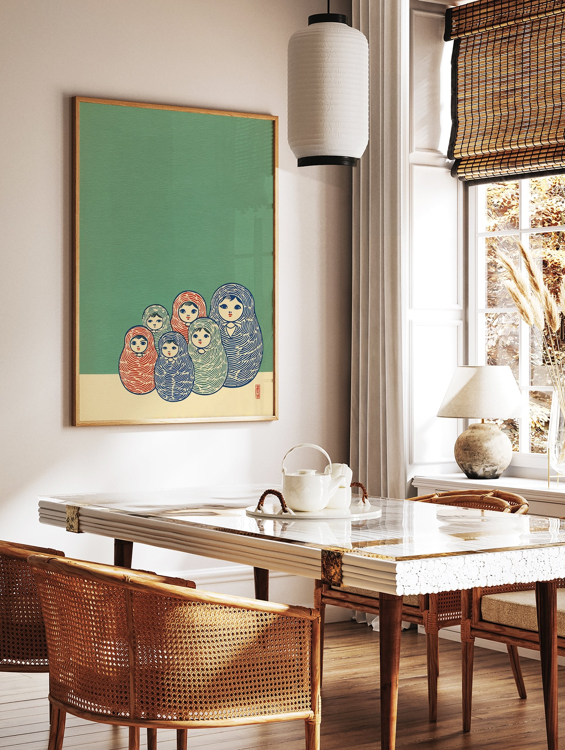 Matryoshka doll wall art print featuring six colorful Russian nesting dolls on a green and cream background. - Image 2