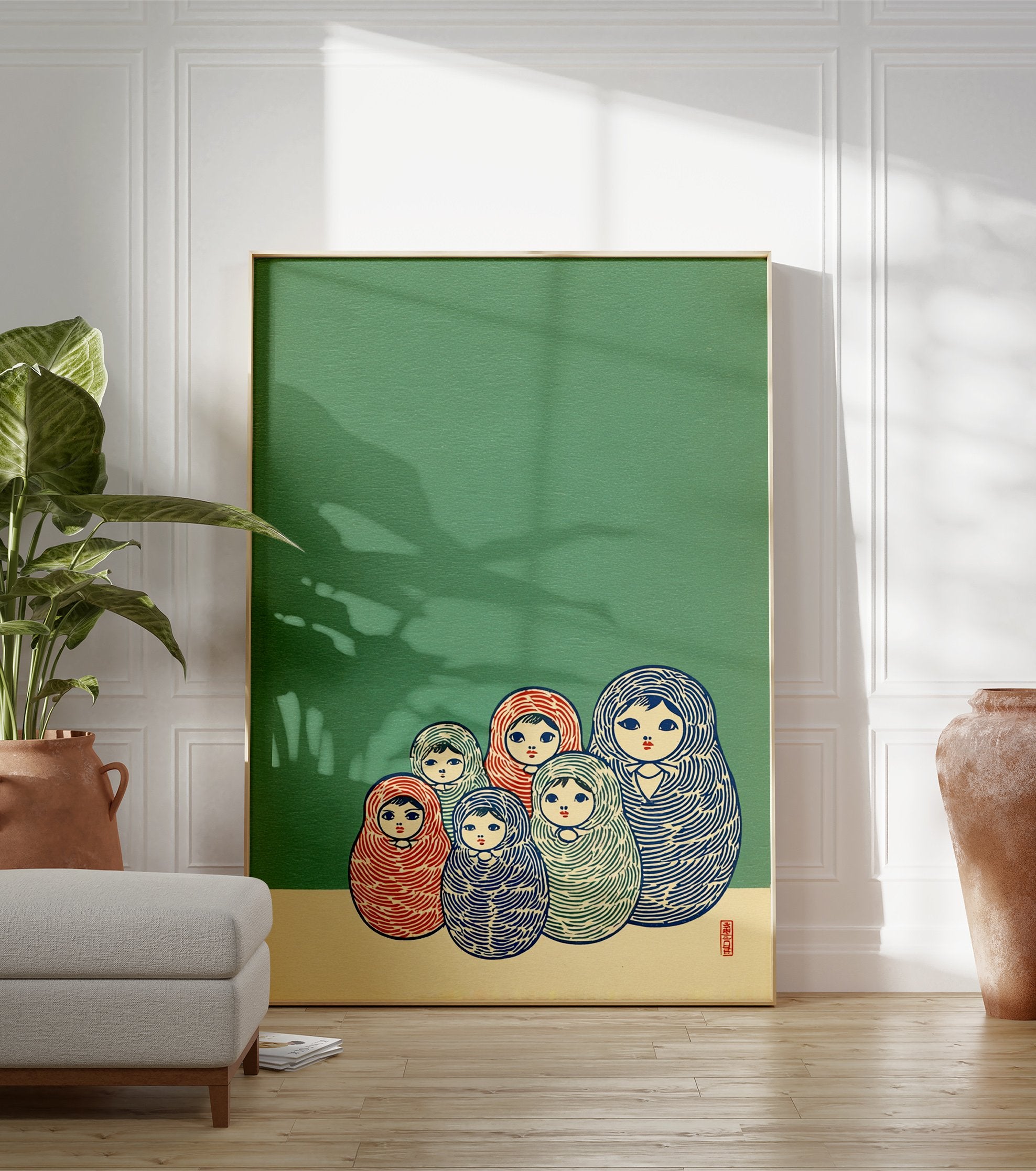Matryoshka doll wall art print featuring six colorful Russian nesting dolls on a green and cream background. - Image 3
