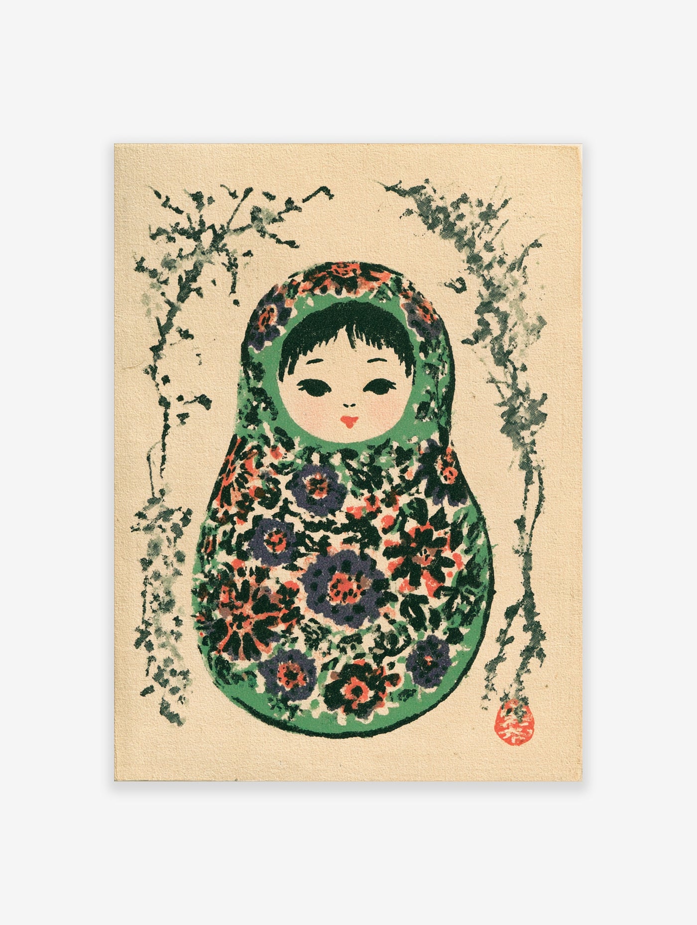 Matryoshka doll illustration with floral patterns in green, purple, and red, framed by botanical branches on light background