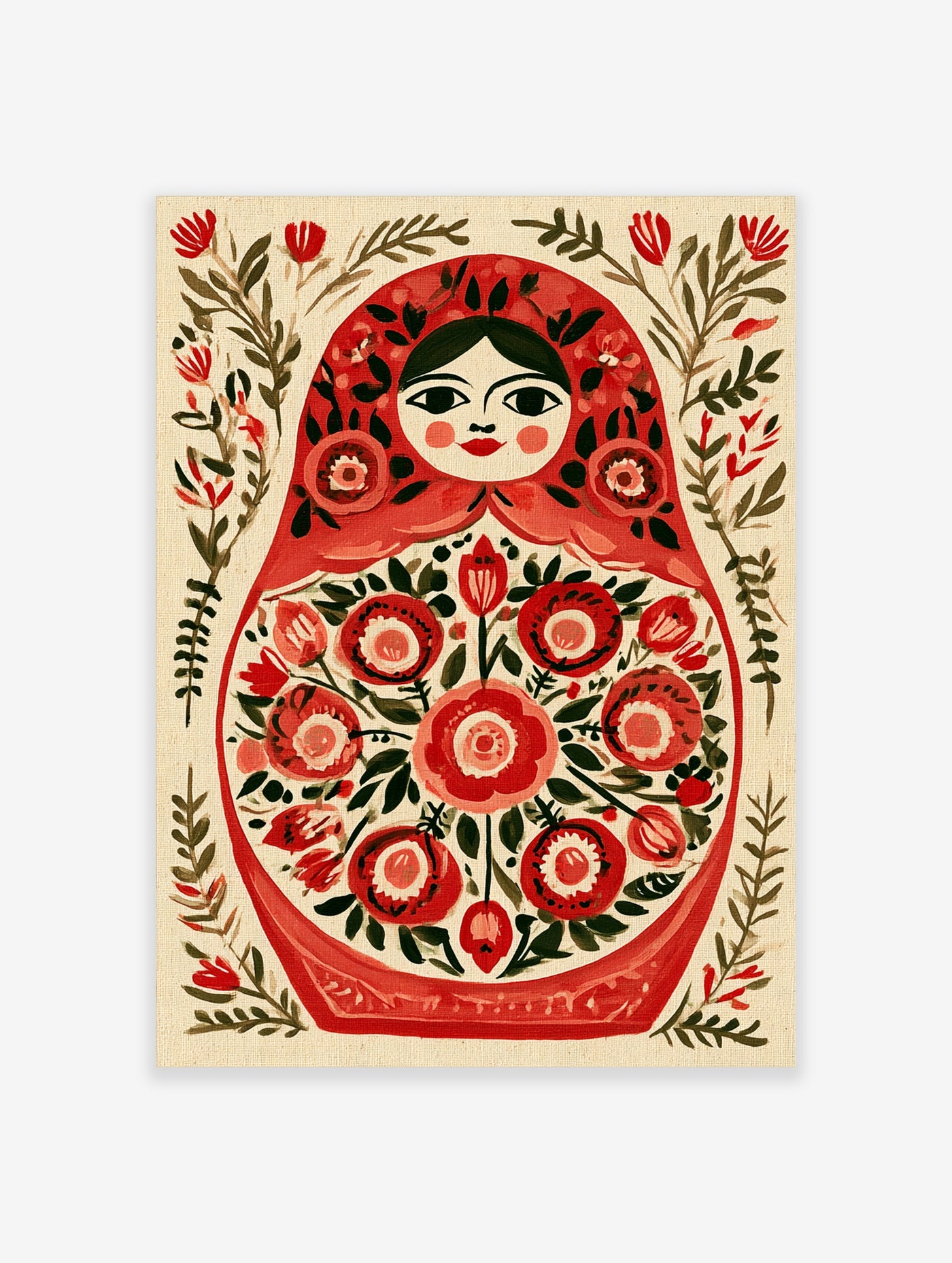 Matryoshka doll illustration with floral patterns in red and green on a neutral background, folk art wall print