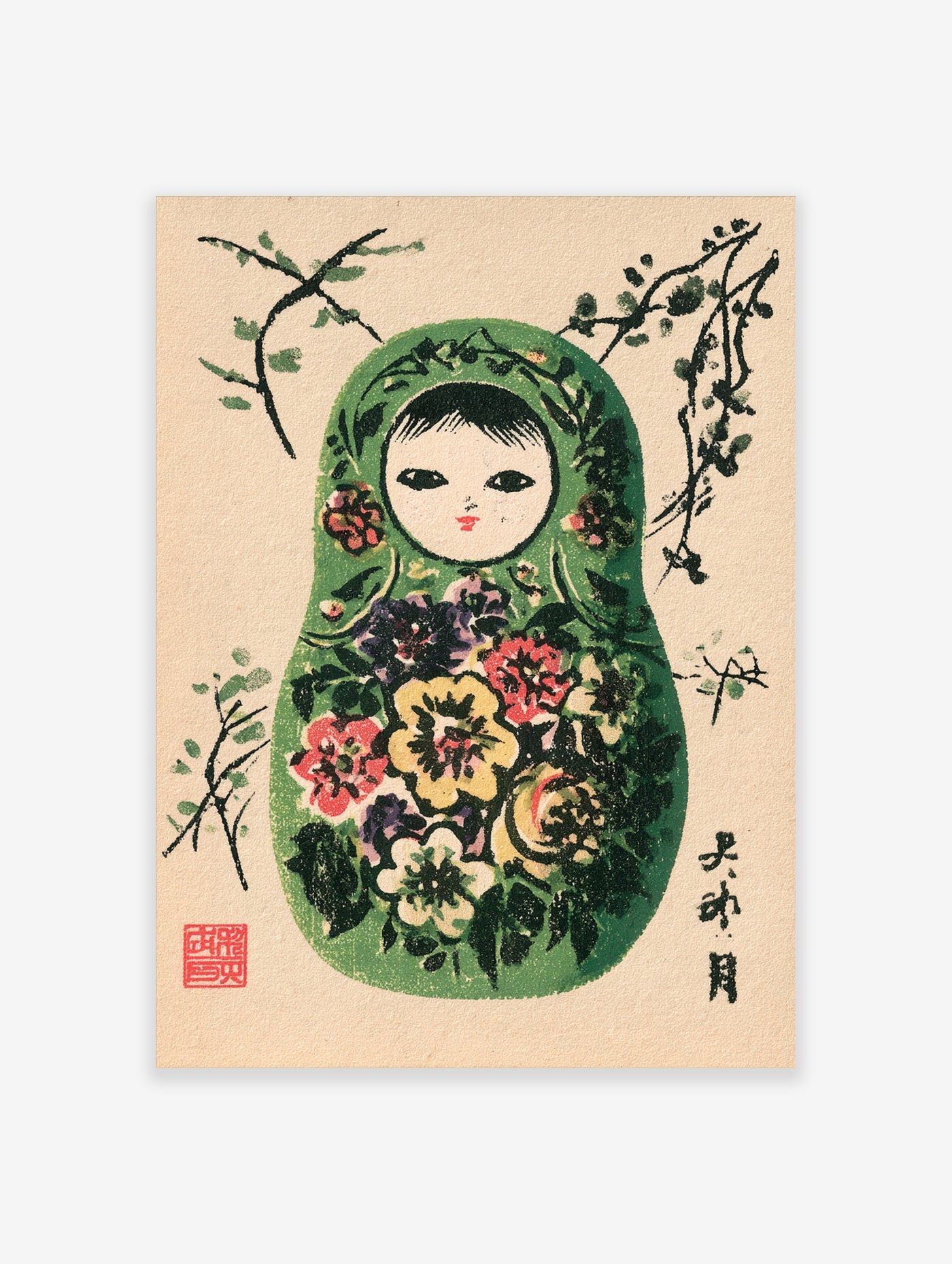 Green matryoshka doll illustration with colourful flowers, Japanese calligraphy, and a red seal on a textured background