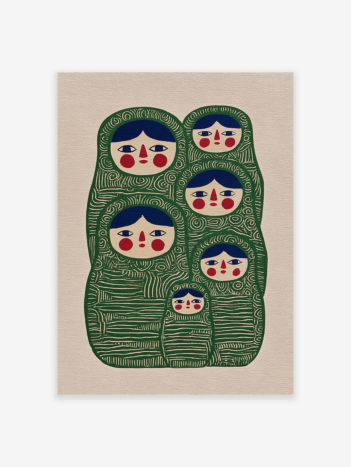 Green Matryoshka doll wall art illustration with multiple nesting dolls in a folk art style on a beige background.