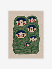 Green Matryoshka doll wall art illustration with multiple nesting dolls in a folk art style on a beige background.