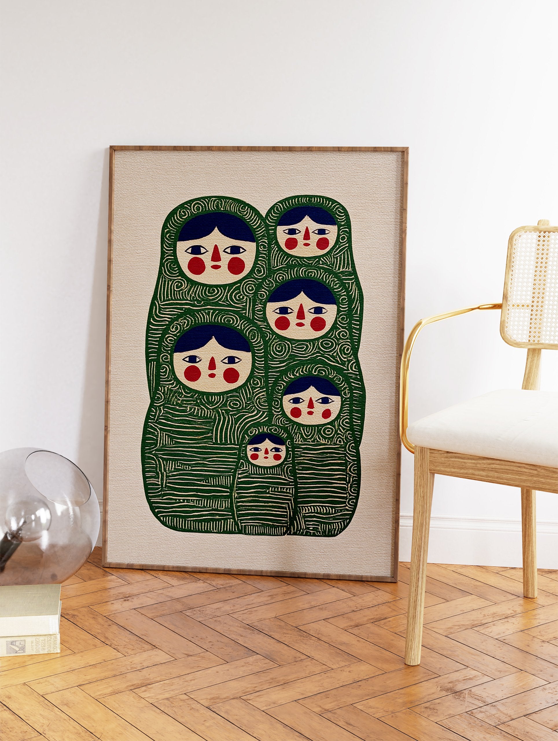 Green Matryoshka doll wall art illustration with multiple nesting dolls in a folk art style on a beige background. - Image 2