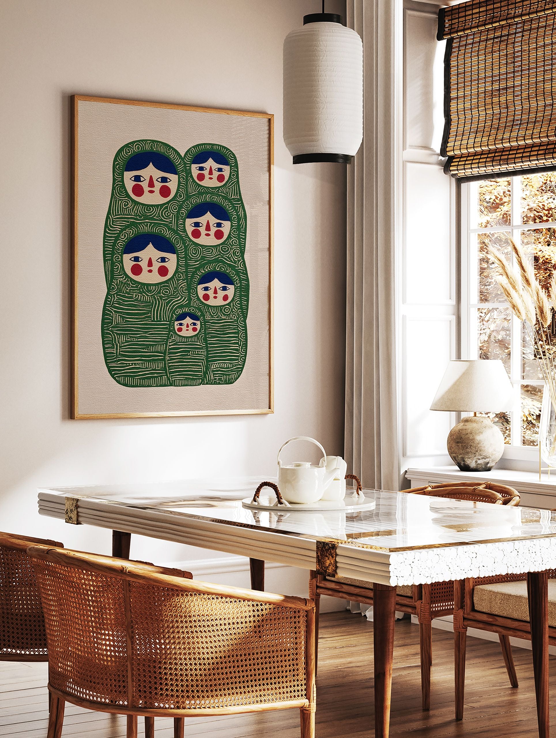 Green Matryoshka doll wall art illustration with multiple nesting dolls in a folk art style on a beige background. - Image 3