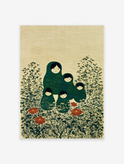 Matryoshka doll wall art print featuring green dolls, dark foliage, and red poppies on a textured beige background.