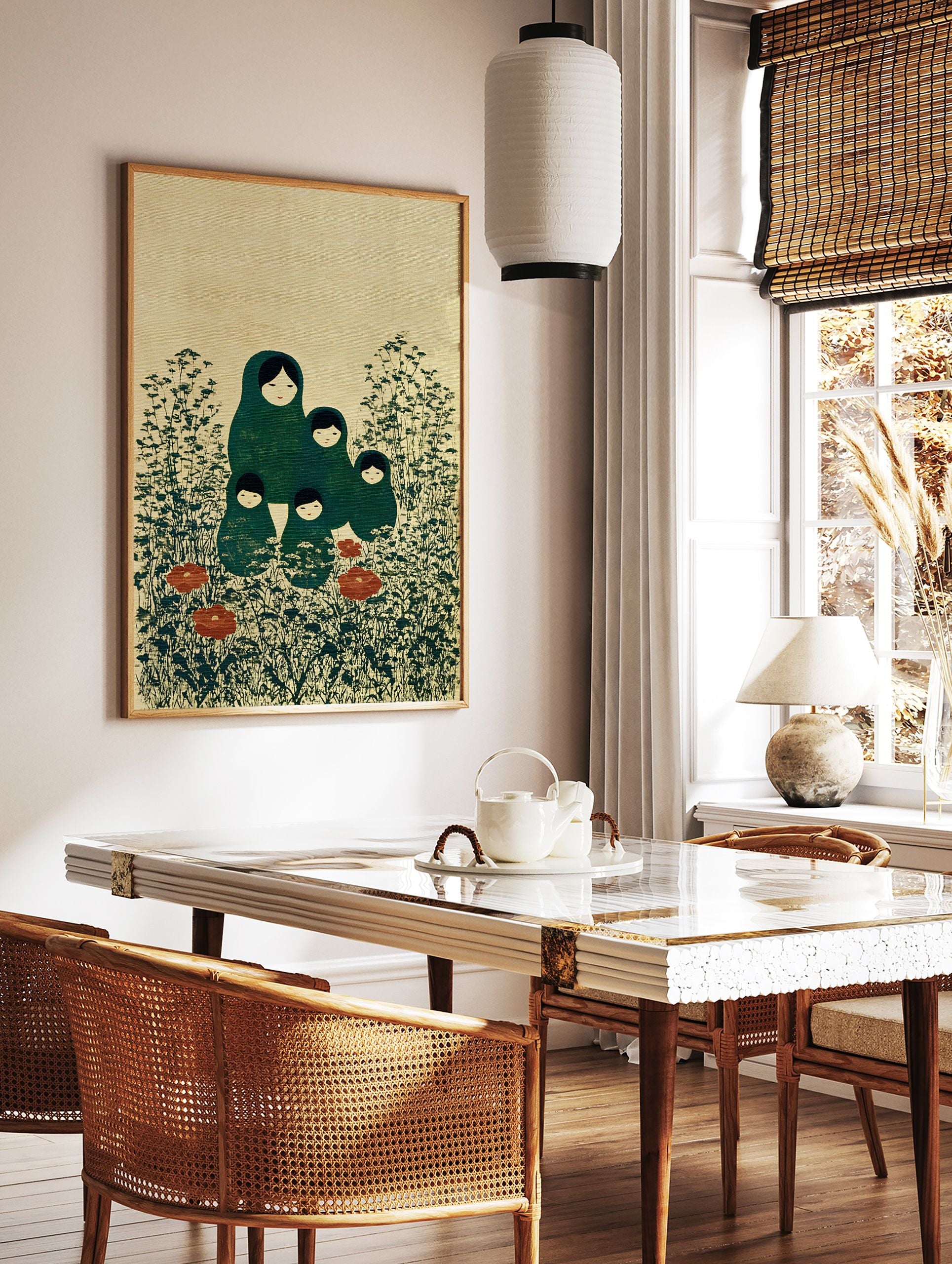 Matryoshka doll wall art print featuring green dolls, dark foliage, and red poppies on a textured beige background. - Image 2