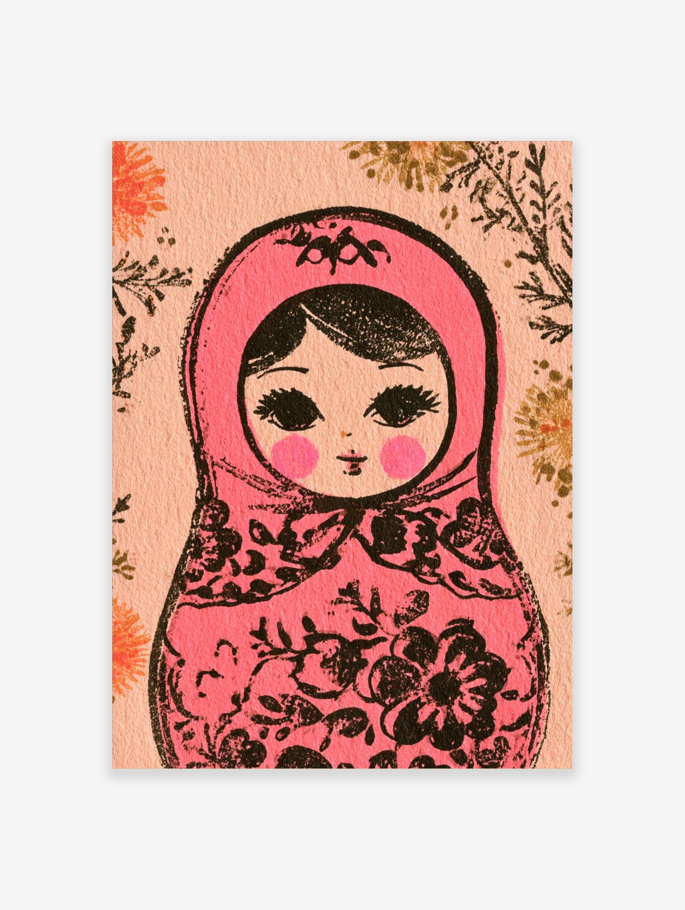 Pink Matryoshka nesting doll illustration with black floral patterns on a light background, art print