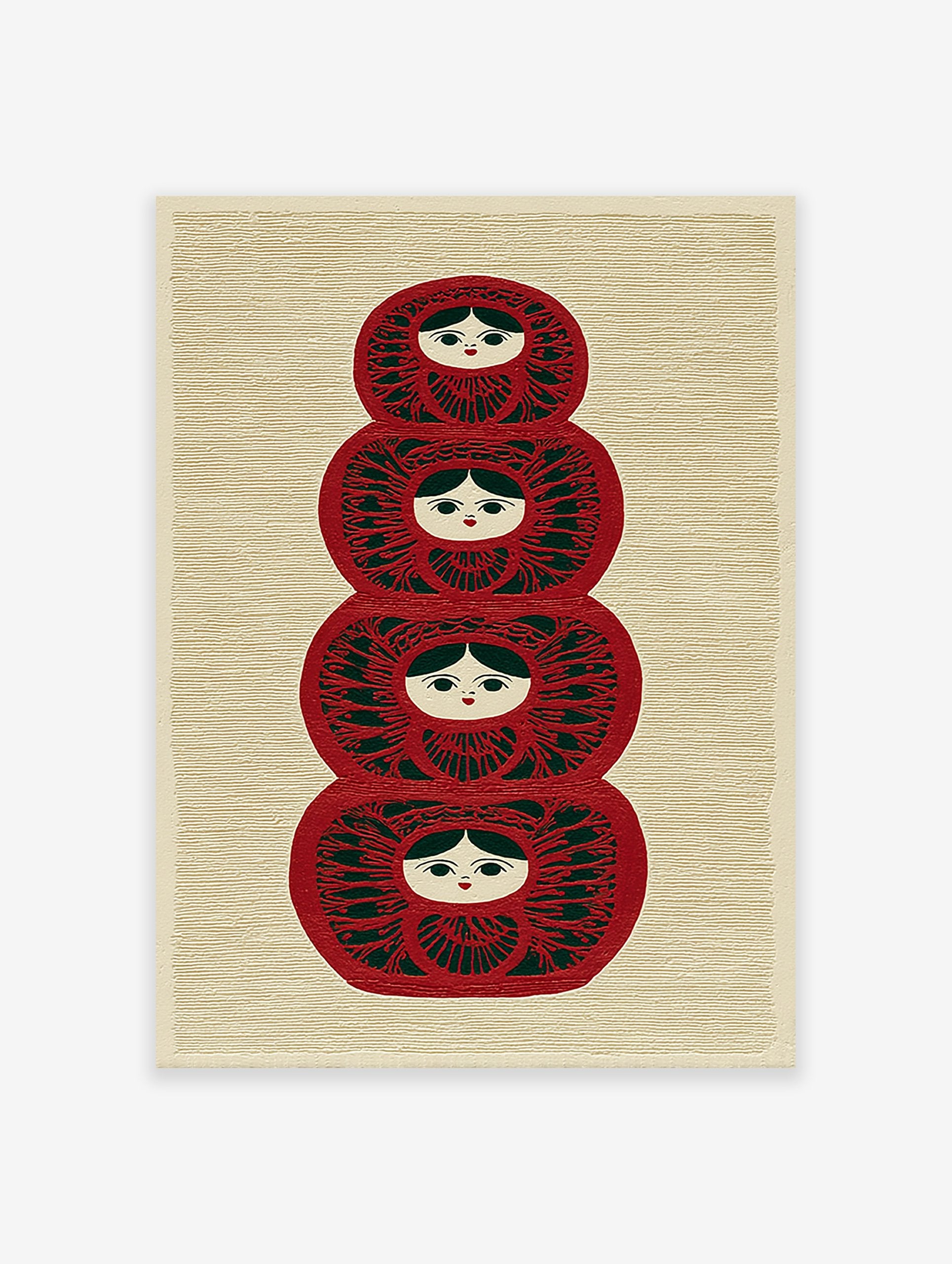 Red and green stacked Matryoshka doll illustration wall art print with folk patterns on a textured cream background.