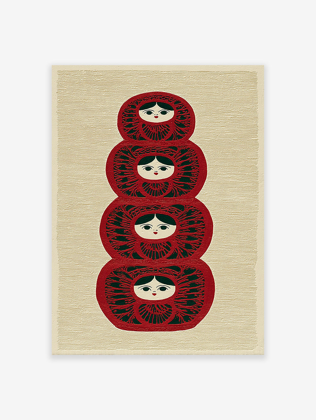 Red and green stacked Matryoshka doll illustration wall art print with folk patterns on a textured cream background.