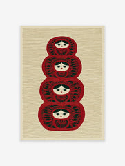 Red and green stacked Matryoshka doll illustration wall art print with folk patterns on a textured cream background.