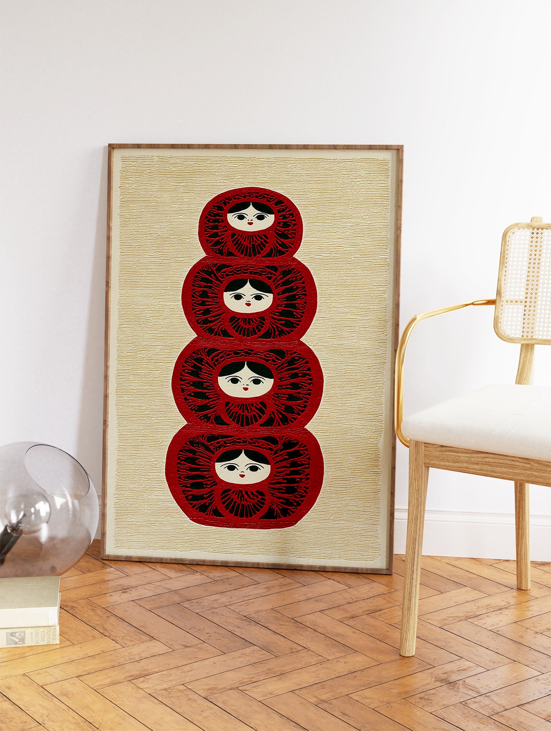 Red and green stacked Matryoshka doll illustration wall art print with folk patterns on a textured cream background. - Image 2