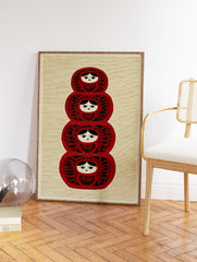 Red and green stacked Matryoshka doll illustration wall art print with folk patterns on a textured cream background. - Image 2