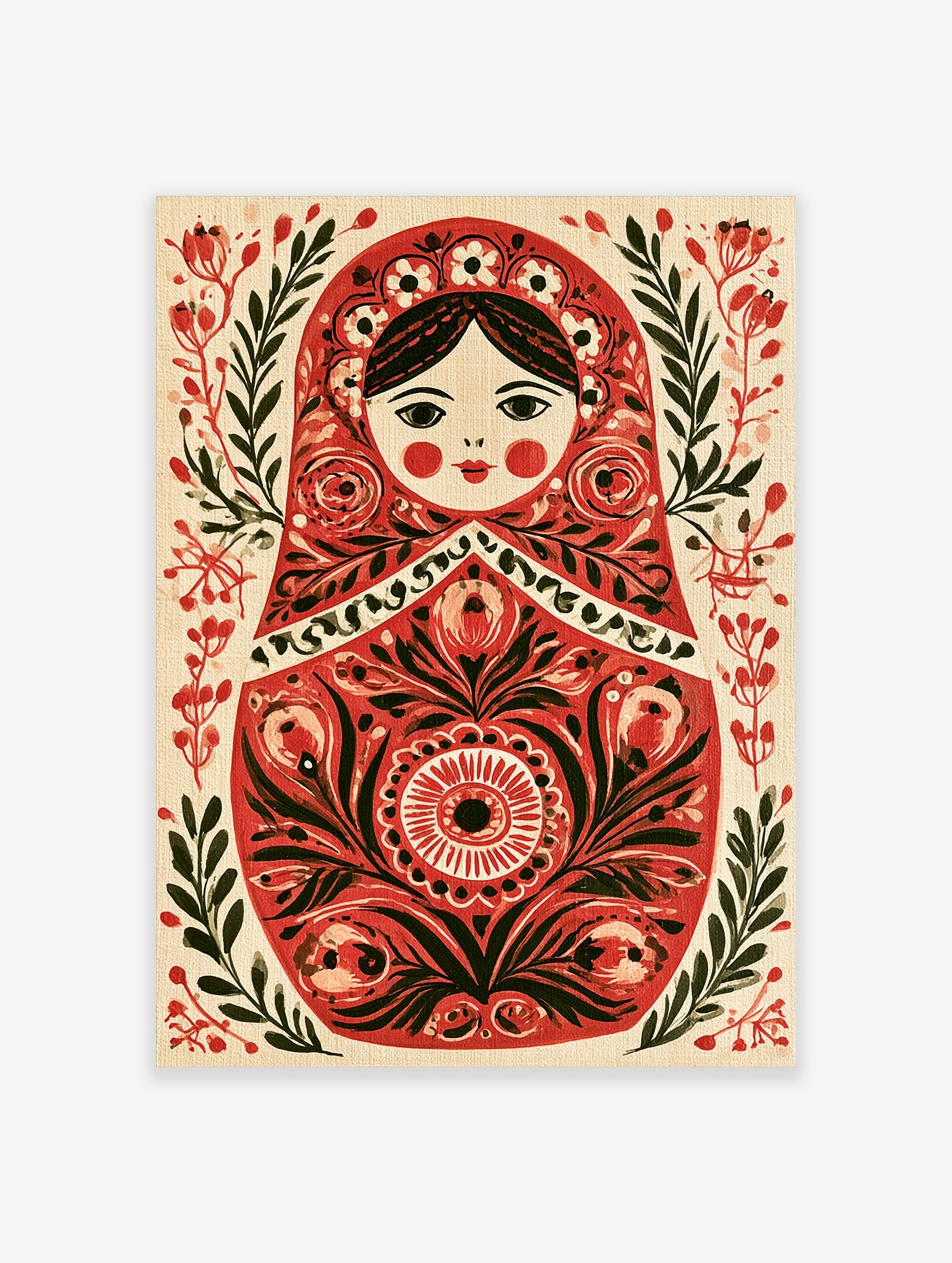 Illustrated Matryoshka doll with red floral patterns and black linework on an off-white background art print