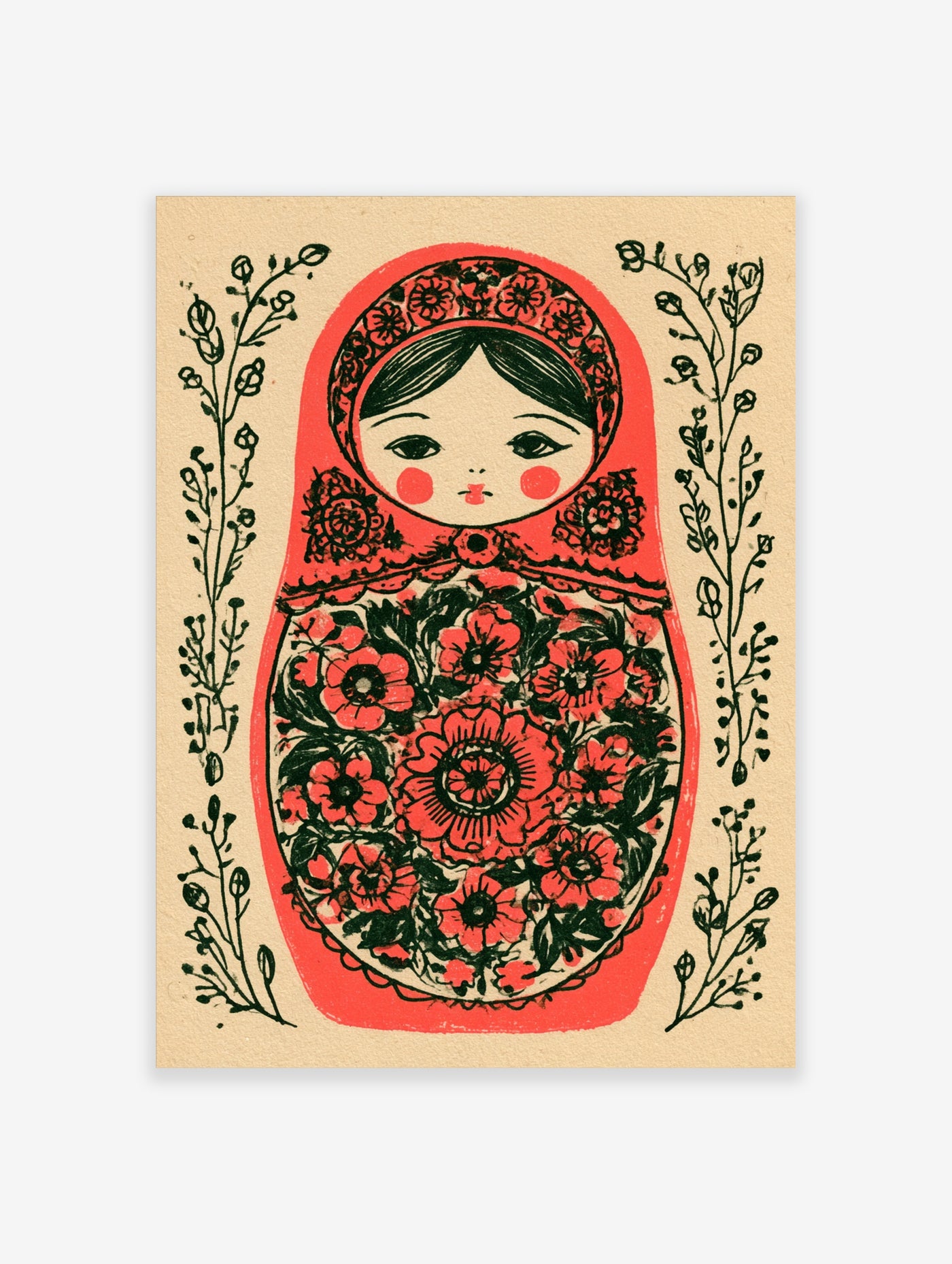 Matryoshka nesting doll illustration with red headpiece and black floral pattern on a cream background