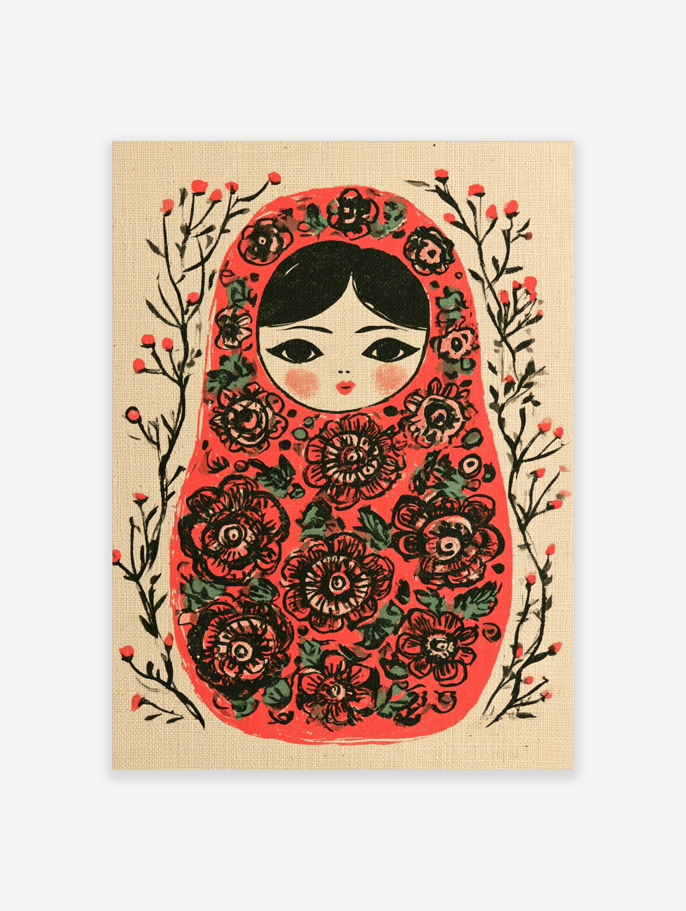 Matryoshka nesting doll illustration with red floral patterns and botanical vines on a neutral background