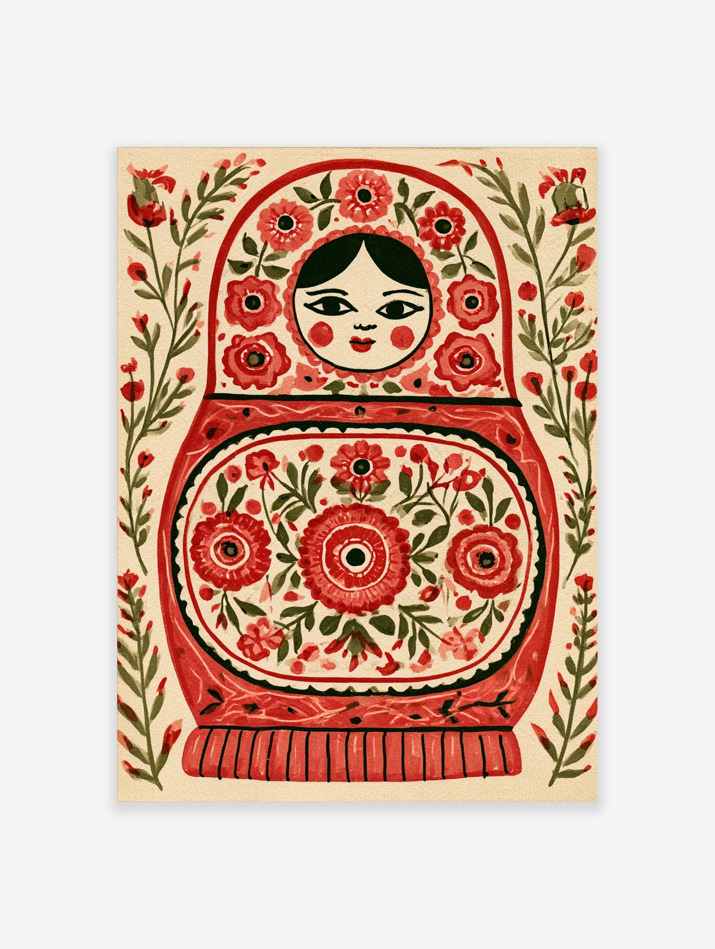 Matryoshka nesting doll illustration with red flowers and botanical patterns on a neutral background