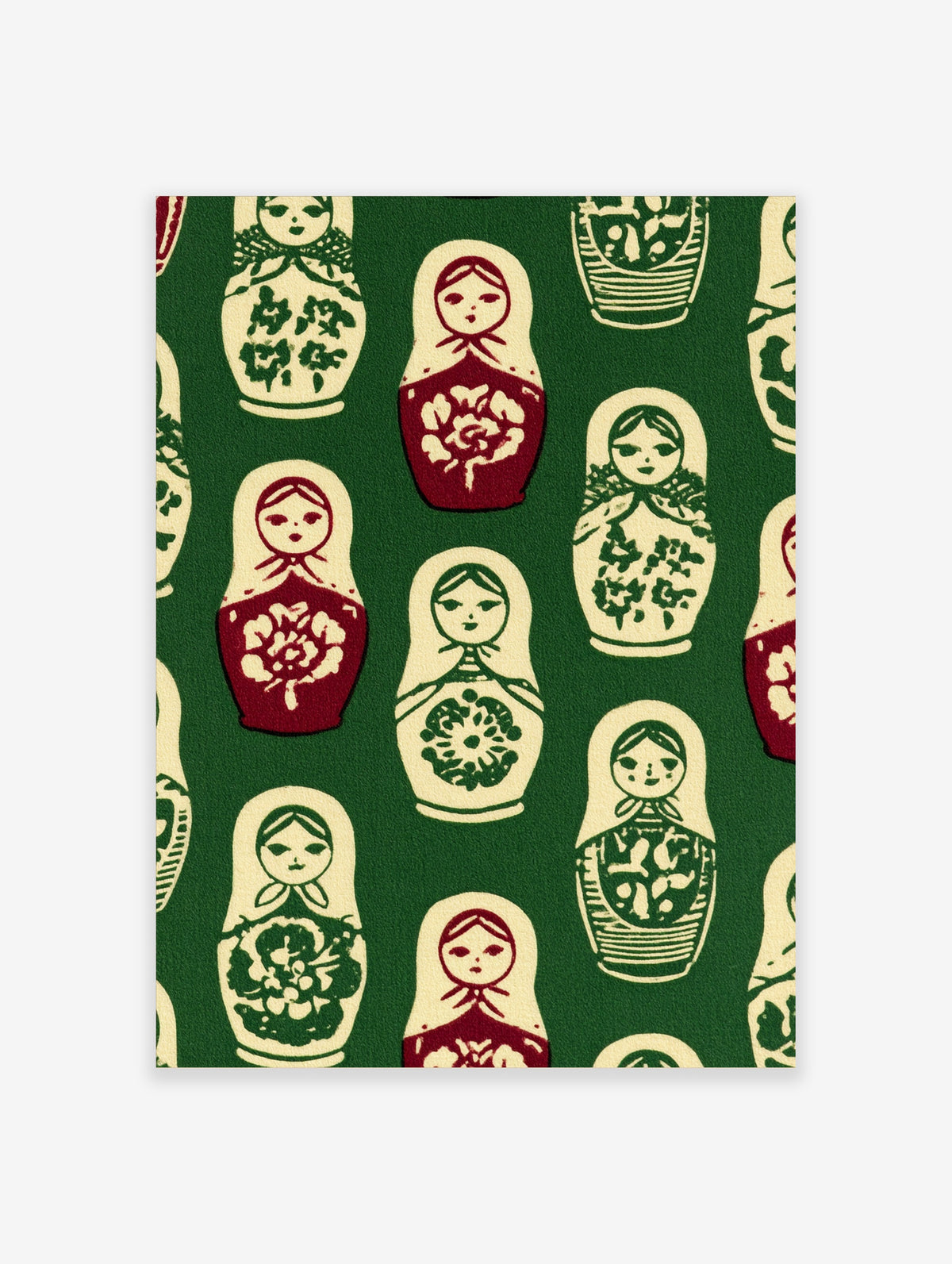 Repeating pattern of Matryoshka nesting dolls in red, cream, and green on a dark green background wall art print