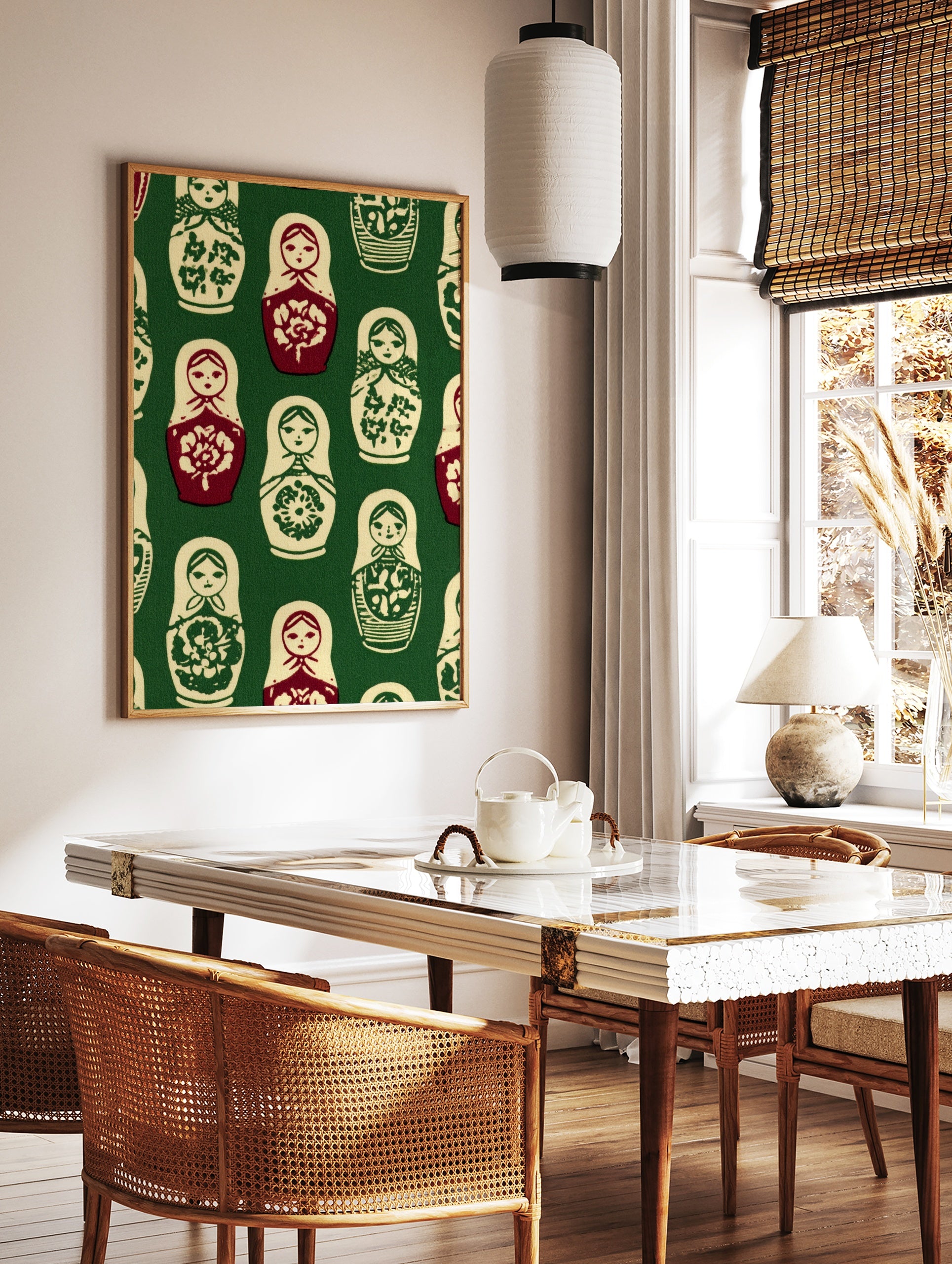 Repeating pattern of Matryoshka nesting dolls in red, cream, and green on a dark green background, in a styled room mockup