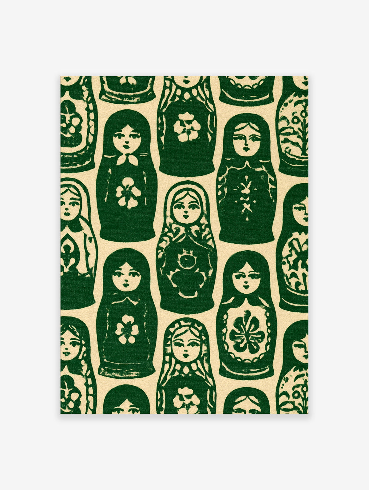 Repeating pattern of green and cream Matryoshka nesting dolls in a folk art illustrative style