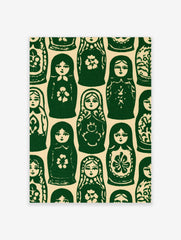 Repeating pattern of green and cream Matryoshka nesting dolls in a folk art illustrative style
