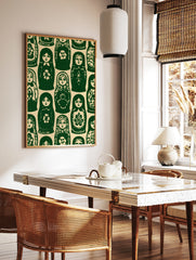 Repeating pattern of green and cream Matryoshka nesting dolls in a folk art illustrative style, in a styled room mockup