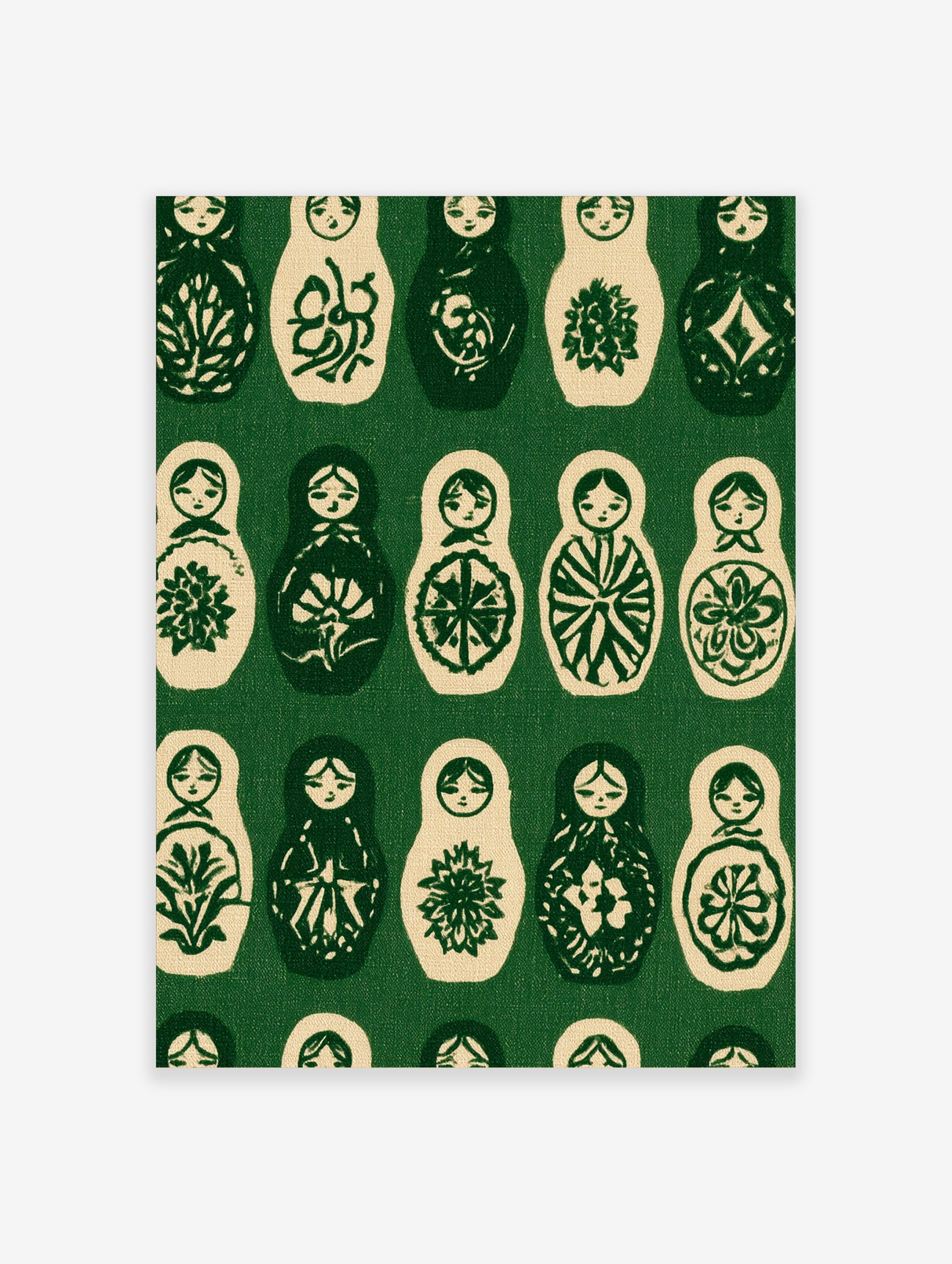 Repeating pattern of Matryoshka nesting dolls in dark green and cream, illustrative folk art style wall art print