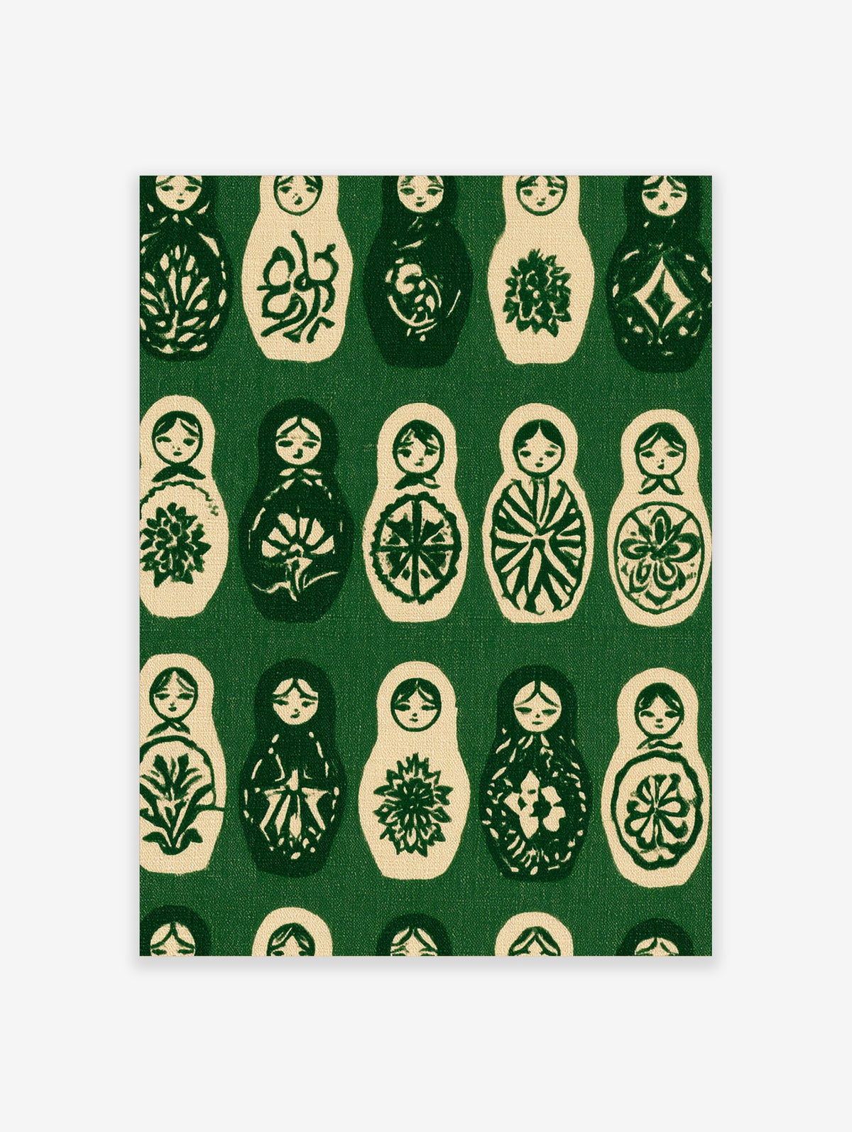 Repeating pattern of Matryoshka nesting dolls in dark green and cream, illustrative folk art style wall art print