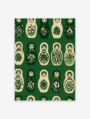Repeating pattern of Matryoshka nesting dolls in dark green and cream, illustrative folk art style wall art print