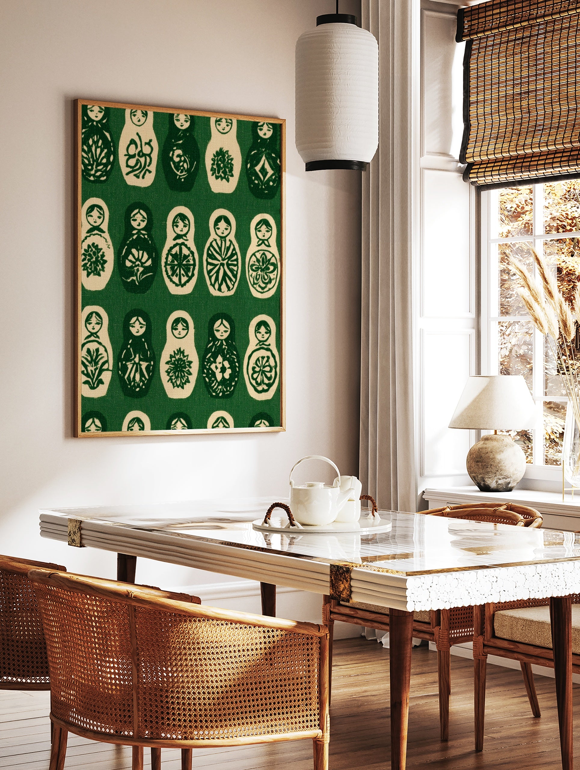 Repeating pattern of Matryoshka nesting dolls in dark green and cream, illustrative folk art style, in a styled room mockup