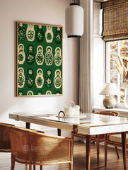 Repeating pattern of Matryoshka nesting dolls in dark green and cream, illustrative folk art style, in a styled room mockup