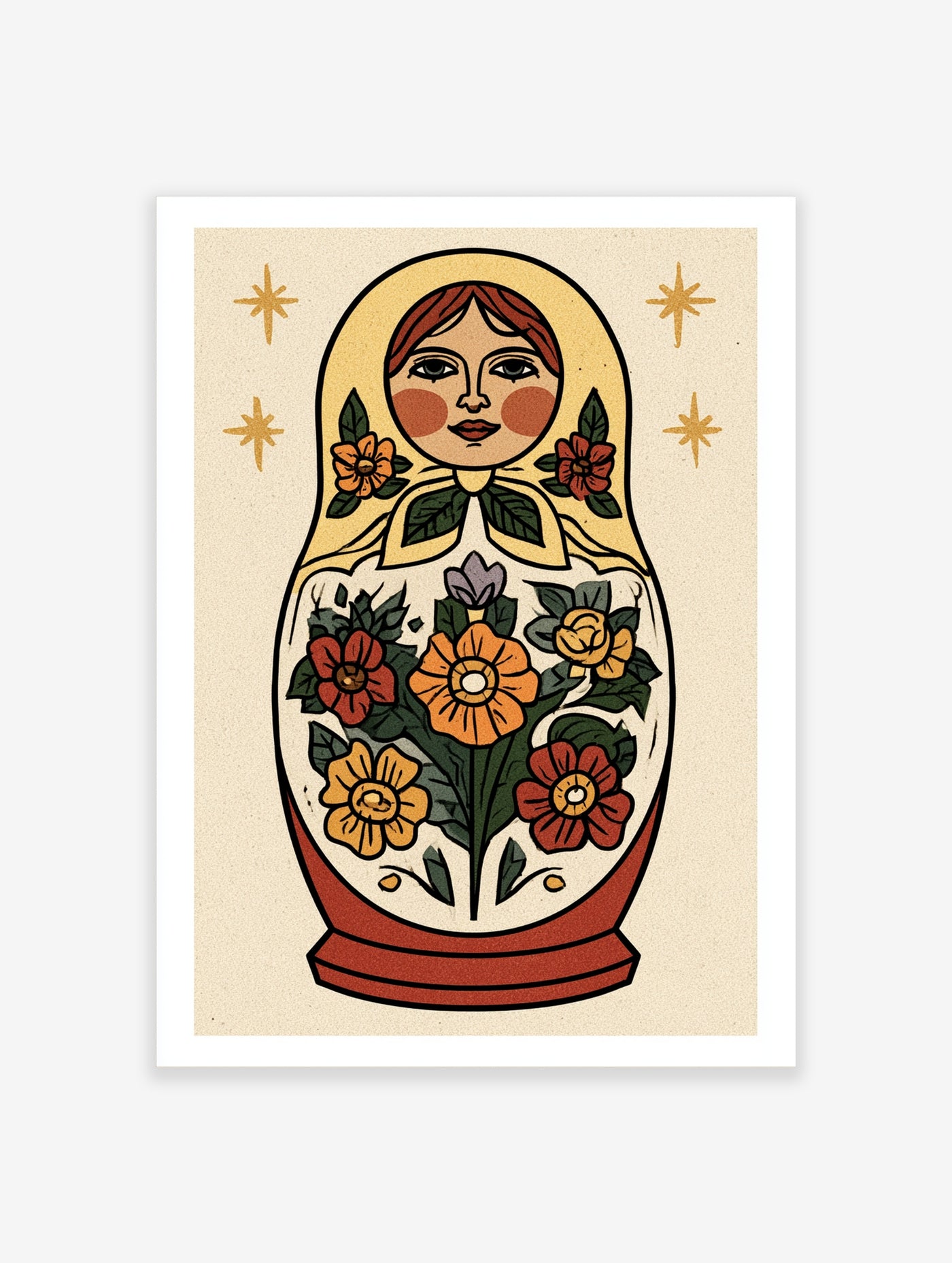 Matryoshka doll wall art illustration with floral patterns and stars on a cream background
