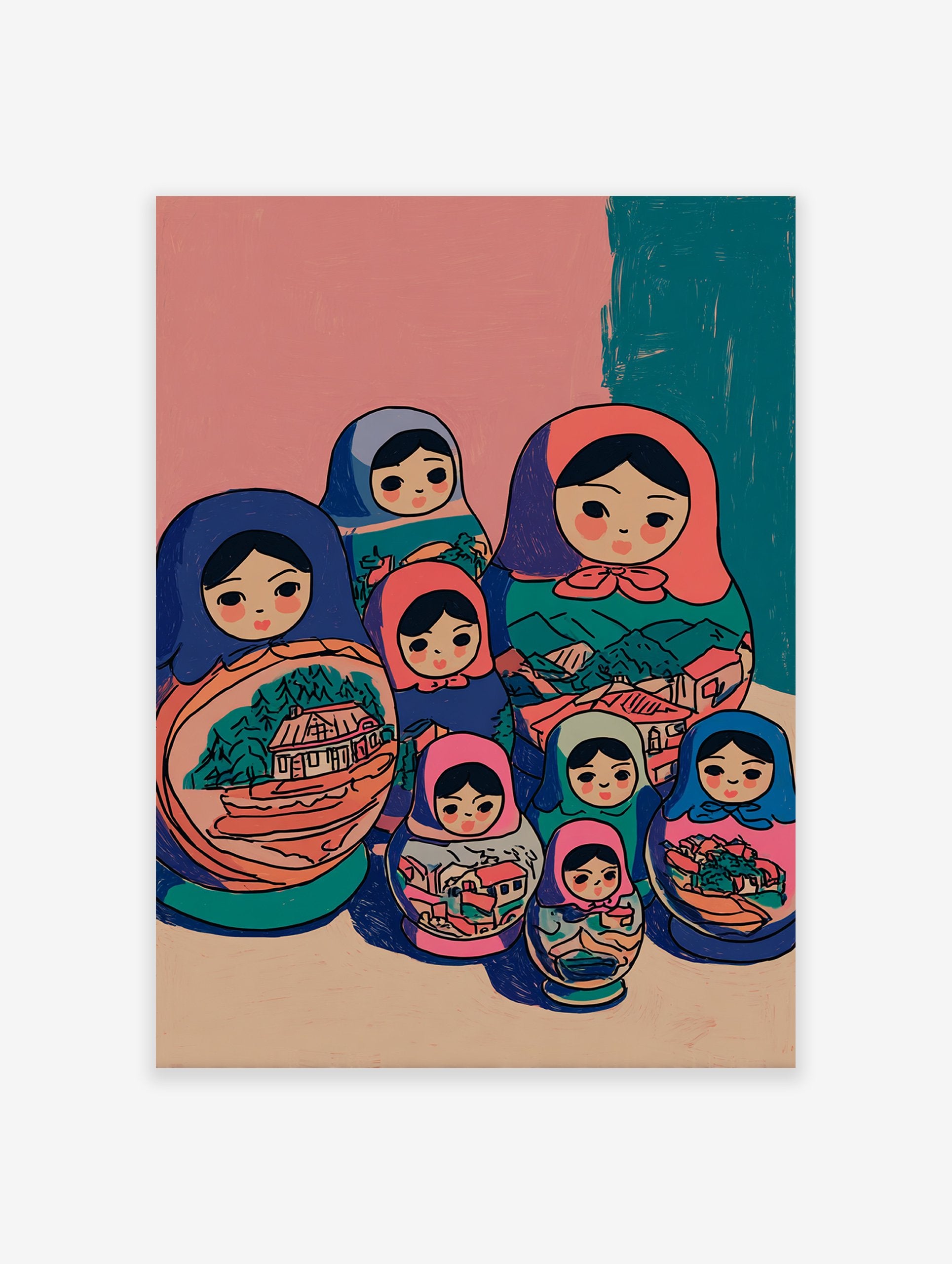 Illustrative art print of colorful Matryoshka Russian nesting dolls with village scenes and trees on a pink and teal background.
