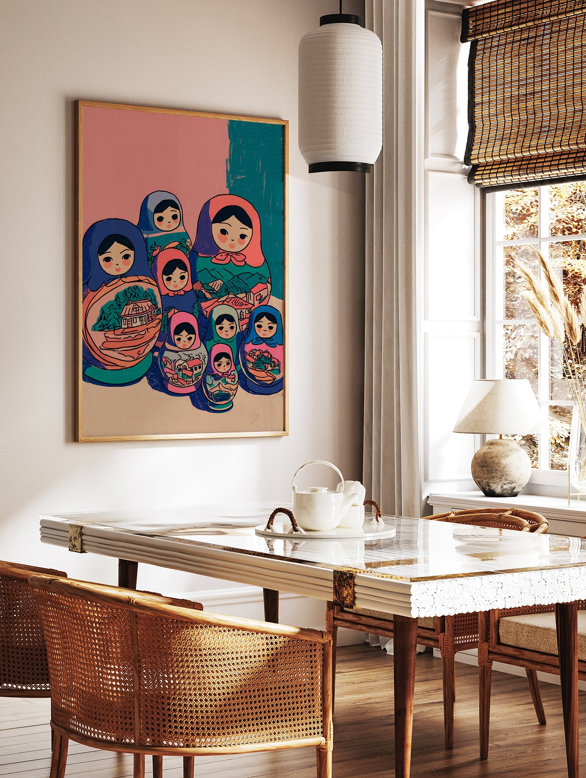 Illustrative art print of colorful Matryoshka Russian nesting dolls with village scenes and trees on a pink and teal background. - Image 2