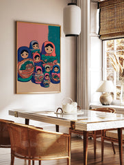 Illustrative art print of colorful Matryoshka Russian nesting dolls with village scenes and trees on a pink and teal background. - Image 2