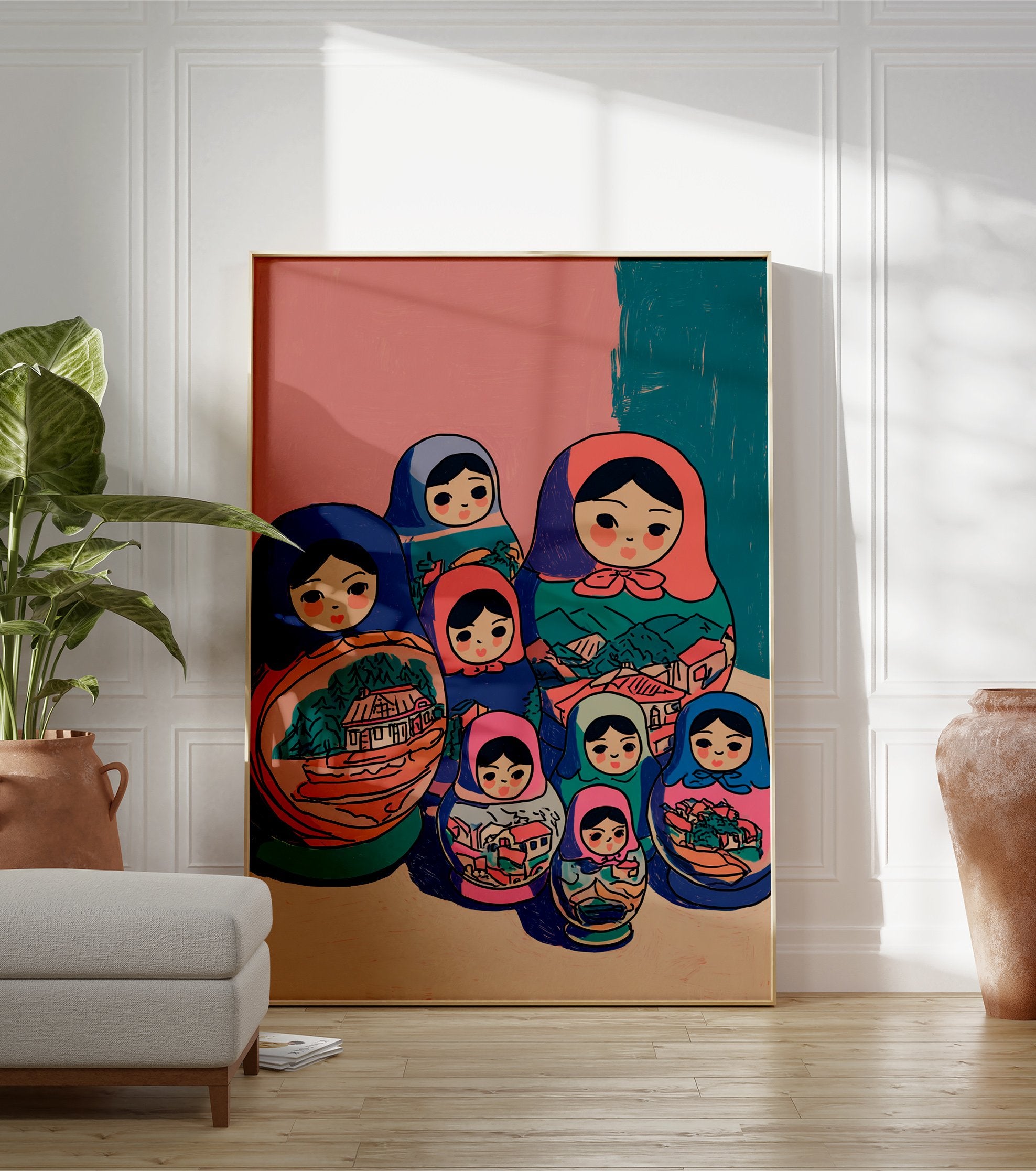 Illustrative art print of colorful Matryoshka Russian nesting dolls with village scenes and trees on a pink and teal background. - Image 3
