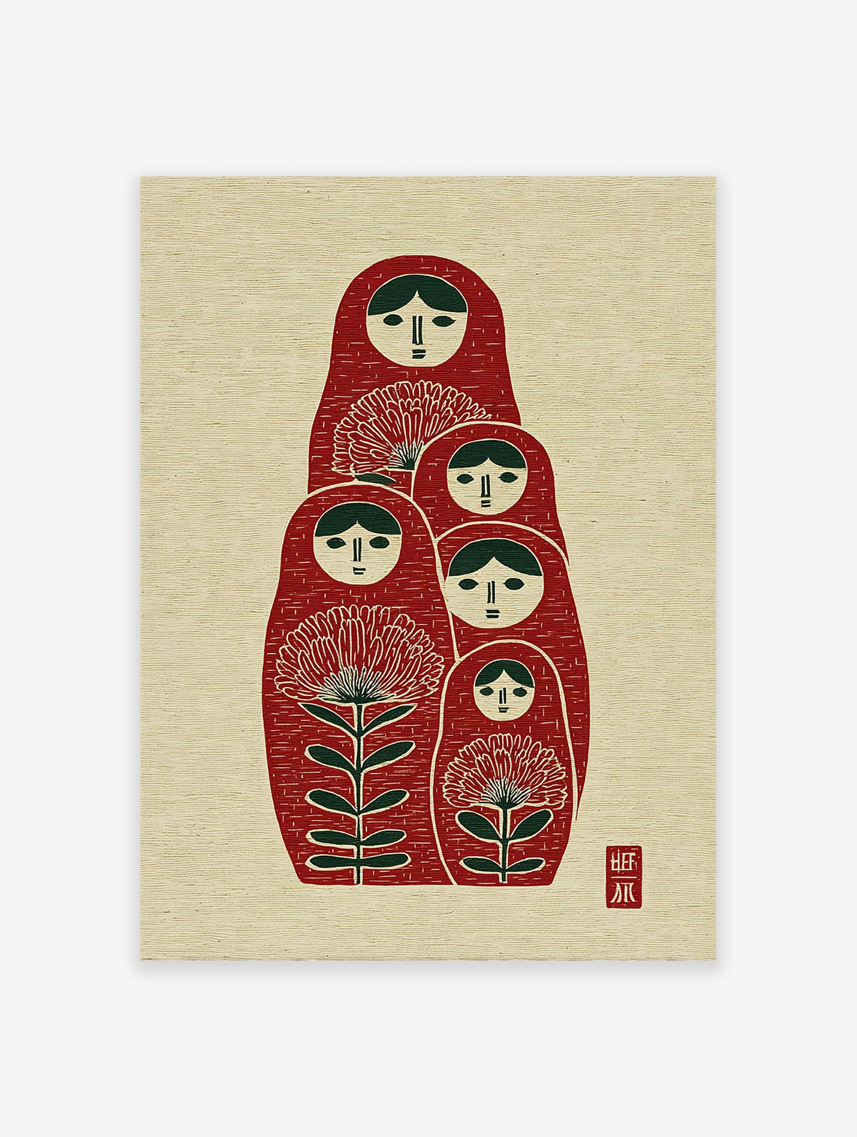 Red Matryoshka dolls wall art with green hair and floral designs on a textured cream background, folk art style.