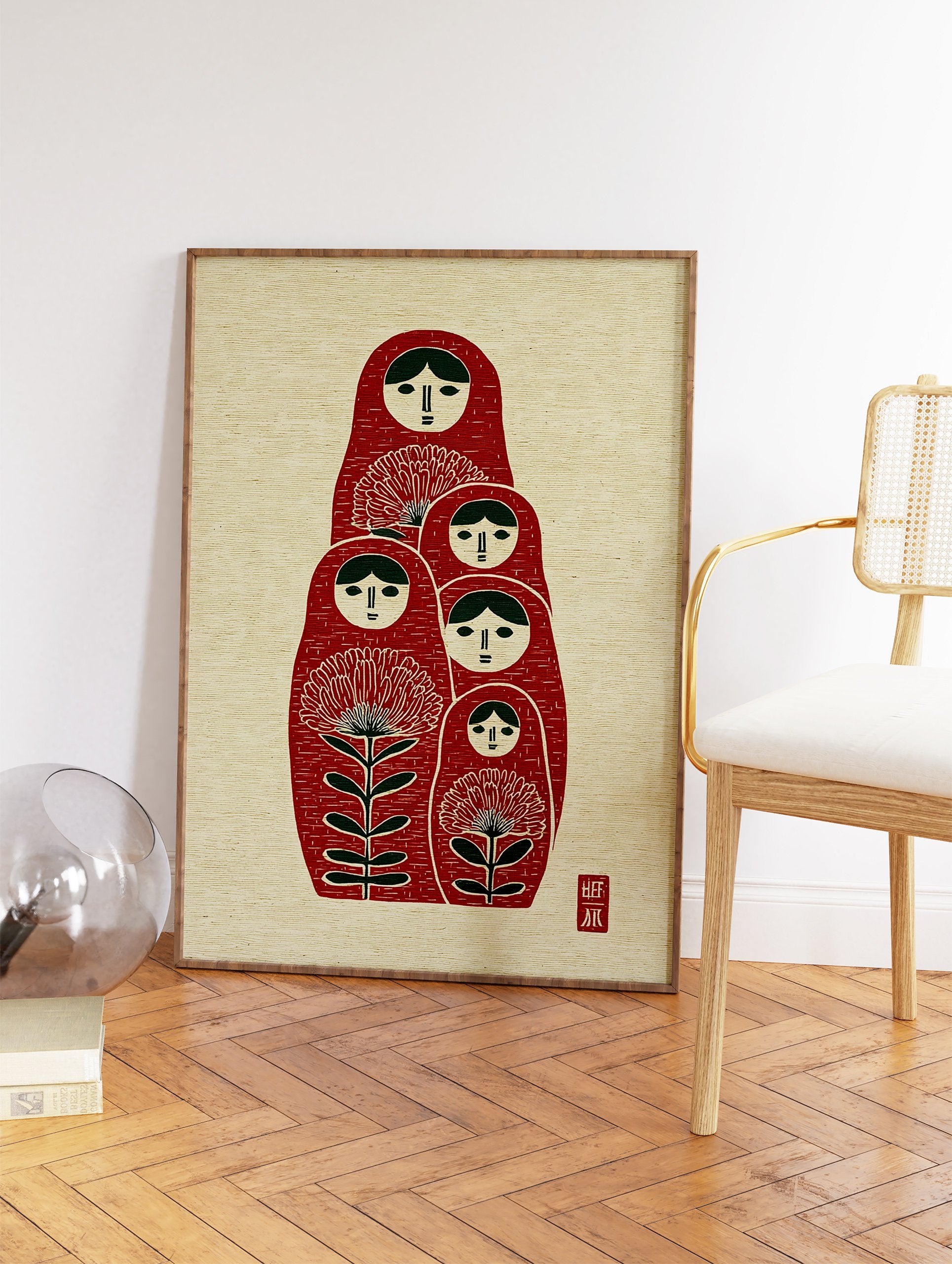 Red Matryoshka dolls wall art with green hair and floral designs on a textured cream background, folk art style. - Image 2