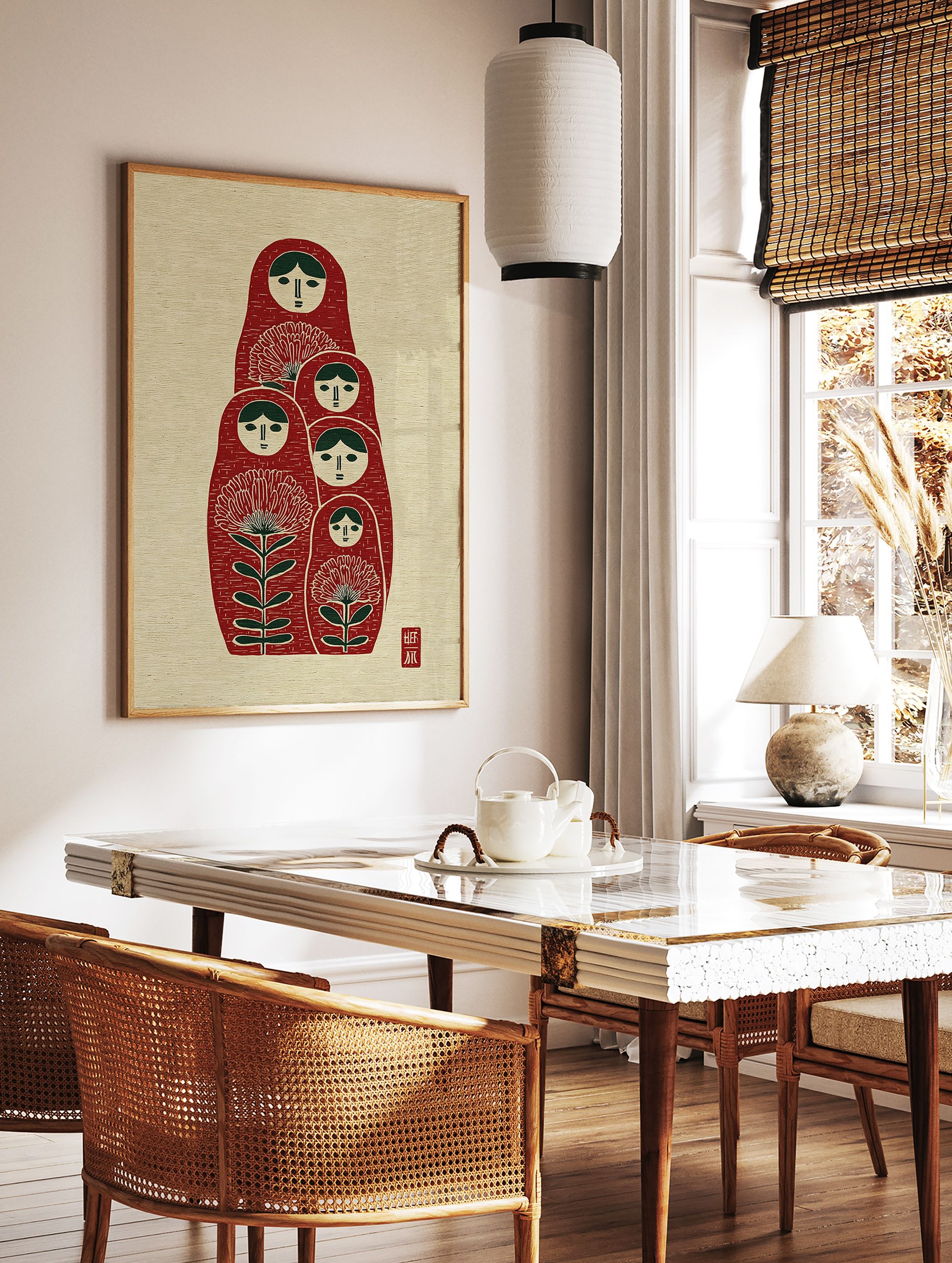 Red Matryoshka dolls wall art with green hair and floral designs on a textured cream background, folk art style. - Image 3