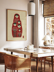 Red Matryoshka dolls wall art with green hair and floral designs on a textured cream background, folk art style. - Image 3
