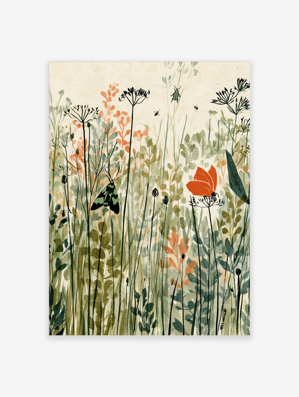 Meadow insect art print with green moth, orange butterfly and wildflowers on cream background