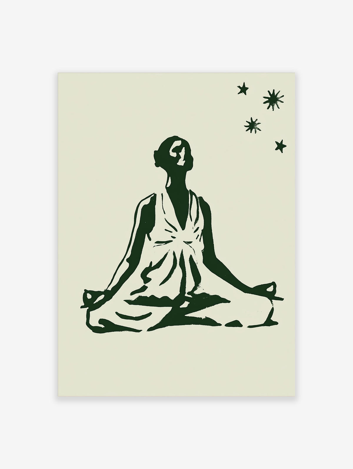 Dark green meditating figure silhouette with three stars on beige background, yoga poster art print
