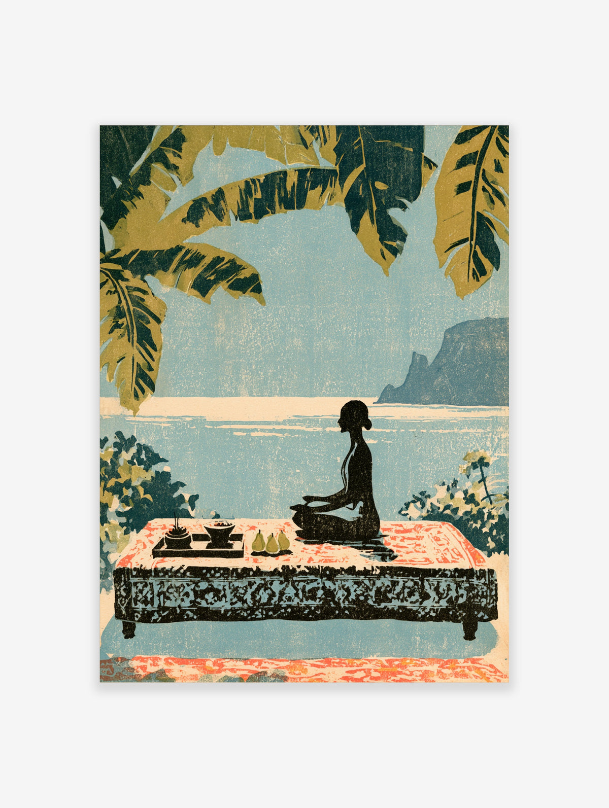 Seated silhouette in meditation on a patterned bench with tropical leaves and sea view, blue and green poster