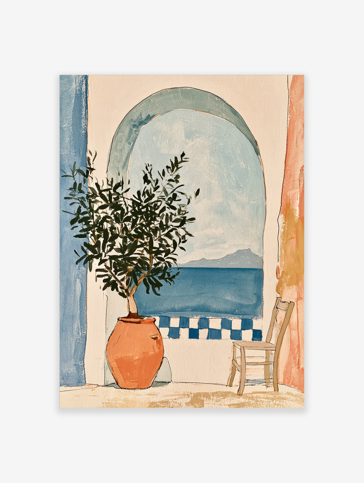 Mediterranean arch wall art print with olive tree in pot, blue sea view, and wooden chair