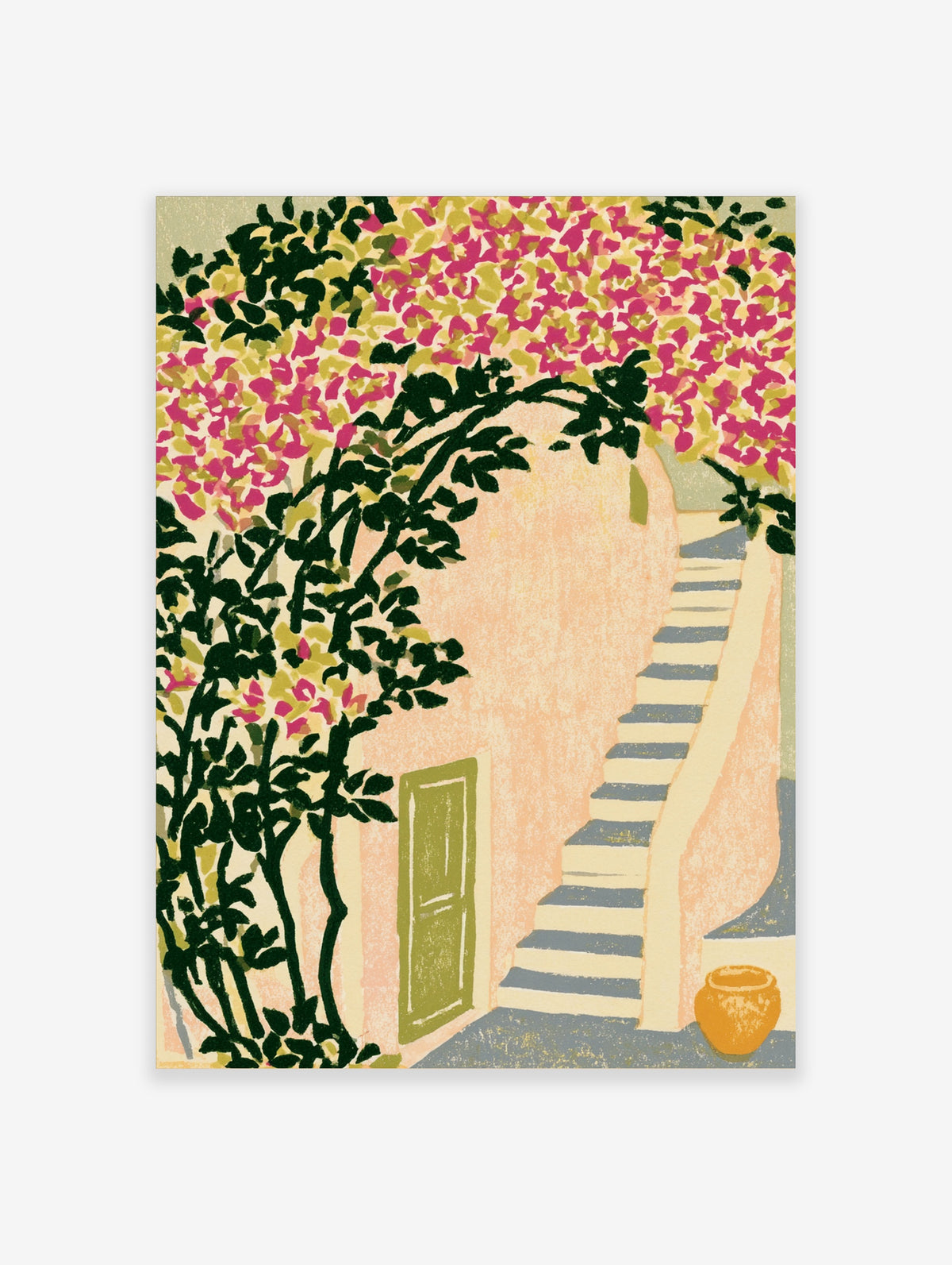 Mediterranean bougainvillea poster with pink flowers, green leaves, peach archway, blue steps, green door, and terracotta