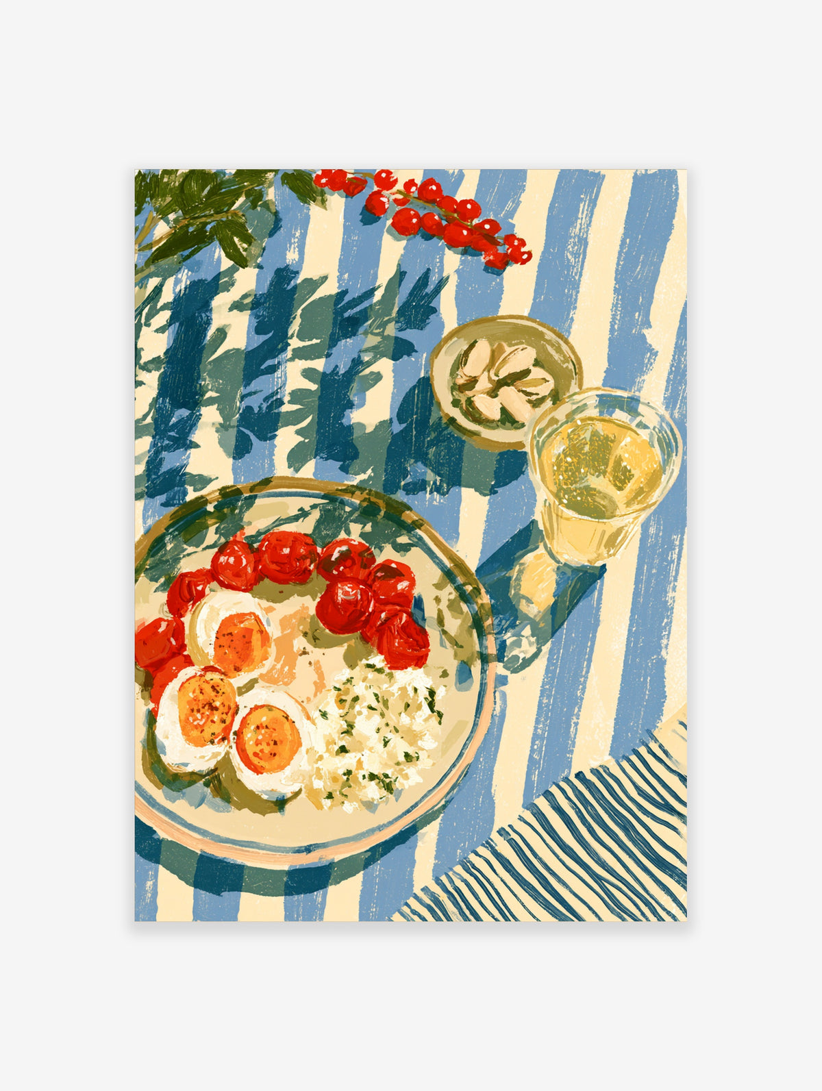 Mediterranean breakfast poster with boiled eggs, tomatoes, white wine and blue striped tablecloth