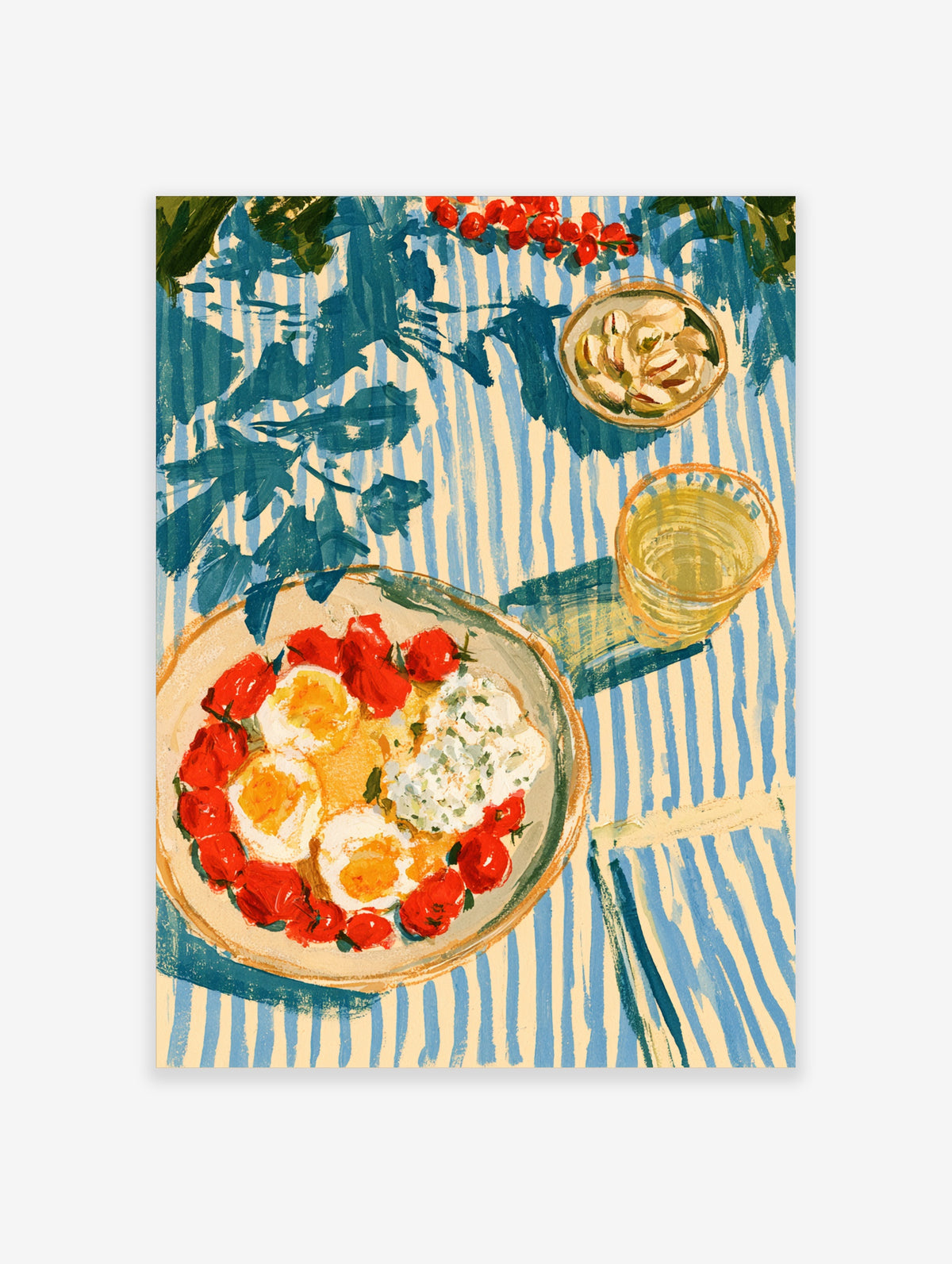 Mediterranean breakfast poster with fried eggs, tomatoes, and blue stripe tablecloth shadows