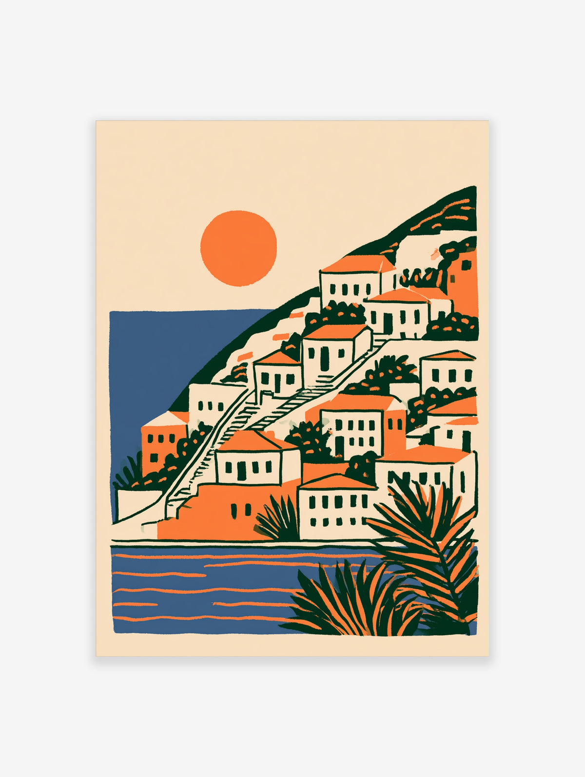 Mediterranean coastal village poster with orange sun, white houses, blue sea, and palm leaves