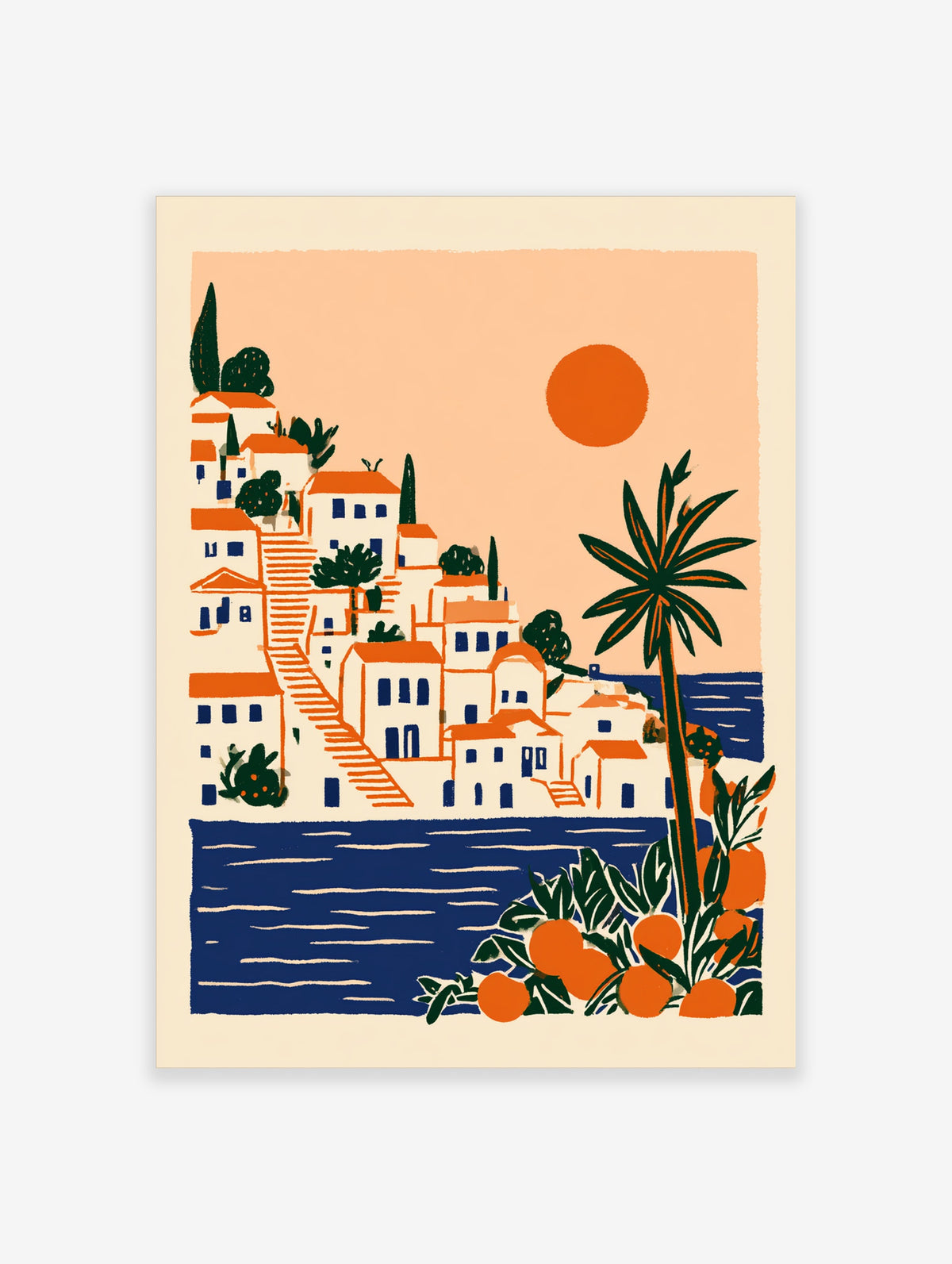 Mediterranean coastal village poster with white houses, blue sea, orange sun and palm tree