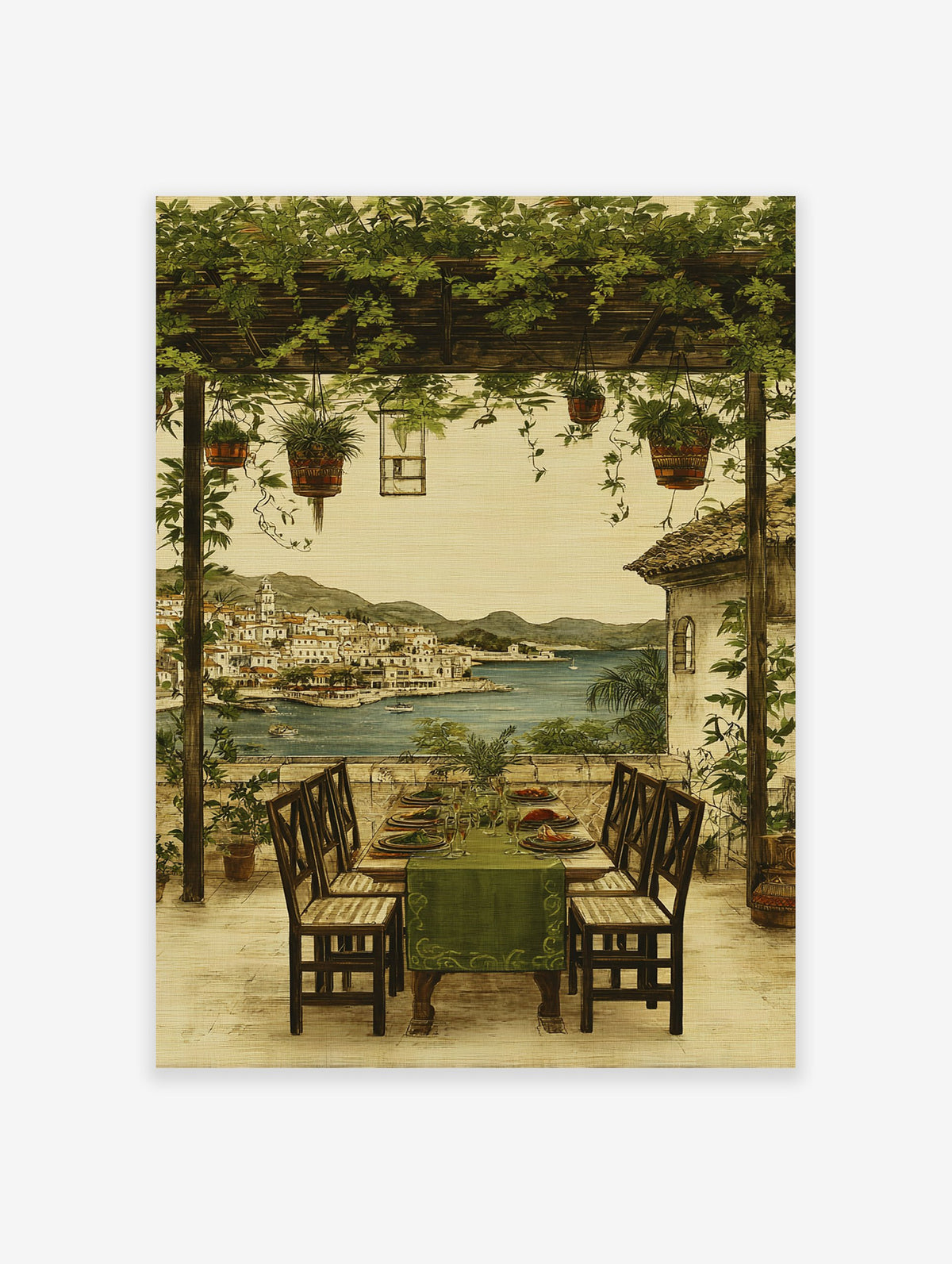 Mediterranean coastal wall art showing an al fresco dining terrace with green pergola overlooking a seaside town and blue sea.